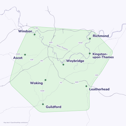 Map of our home visit area across South West London and Surrey