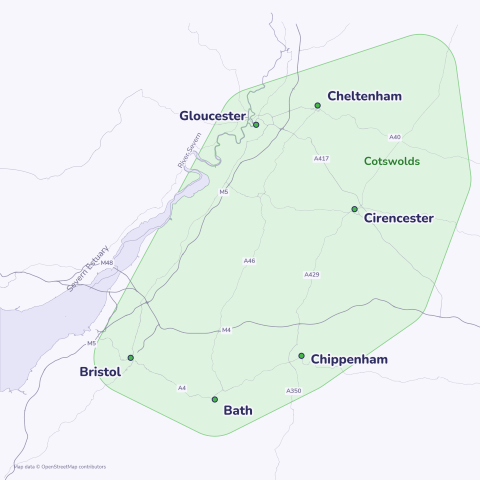 Map of our home visit area across Bristol, Bath, the Cotswolds and the West of England